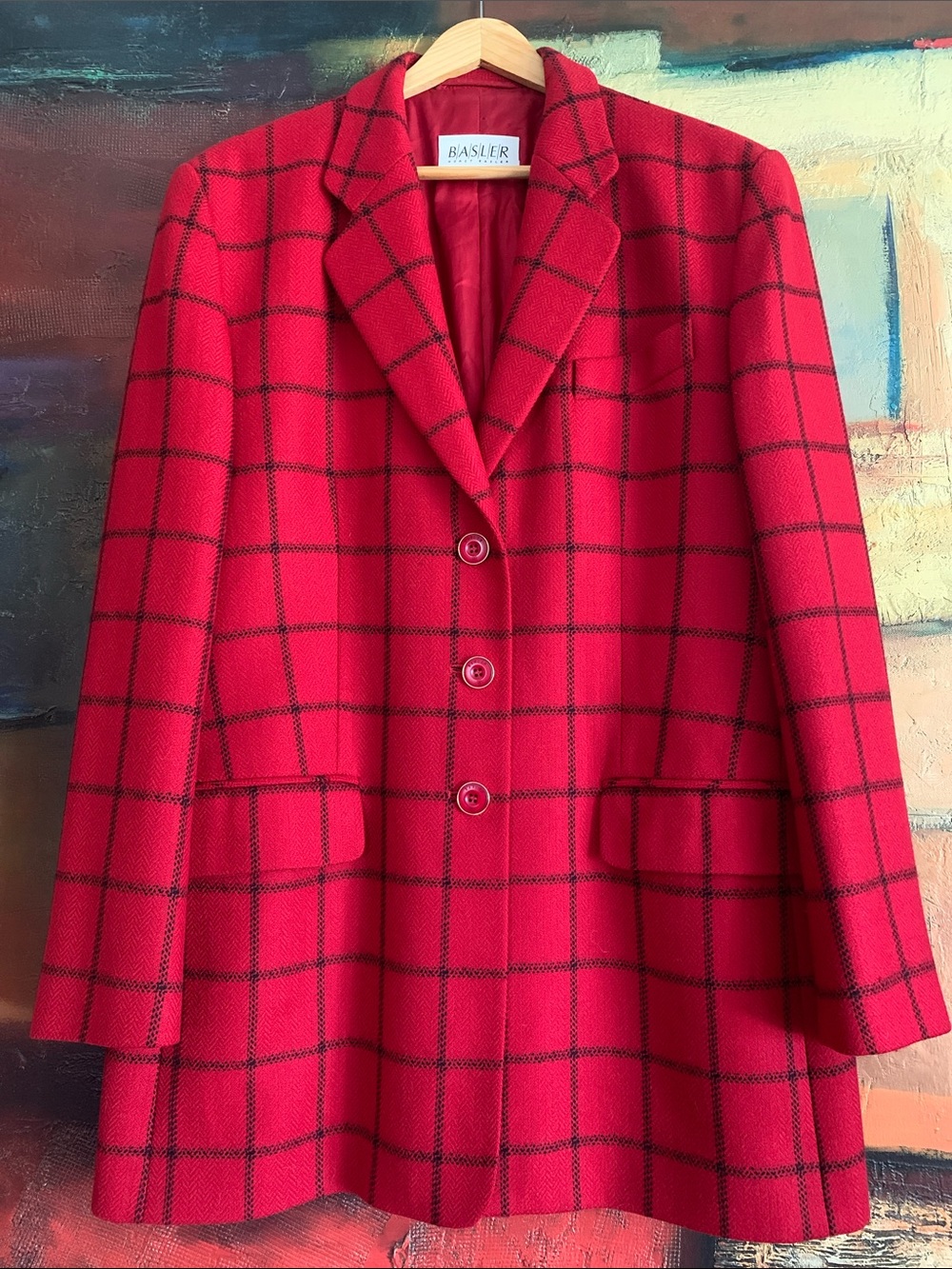 Vintage BASLER Red Plaid 100% Virgin Wool Blazer, Sz L (10-12)